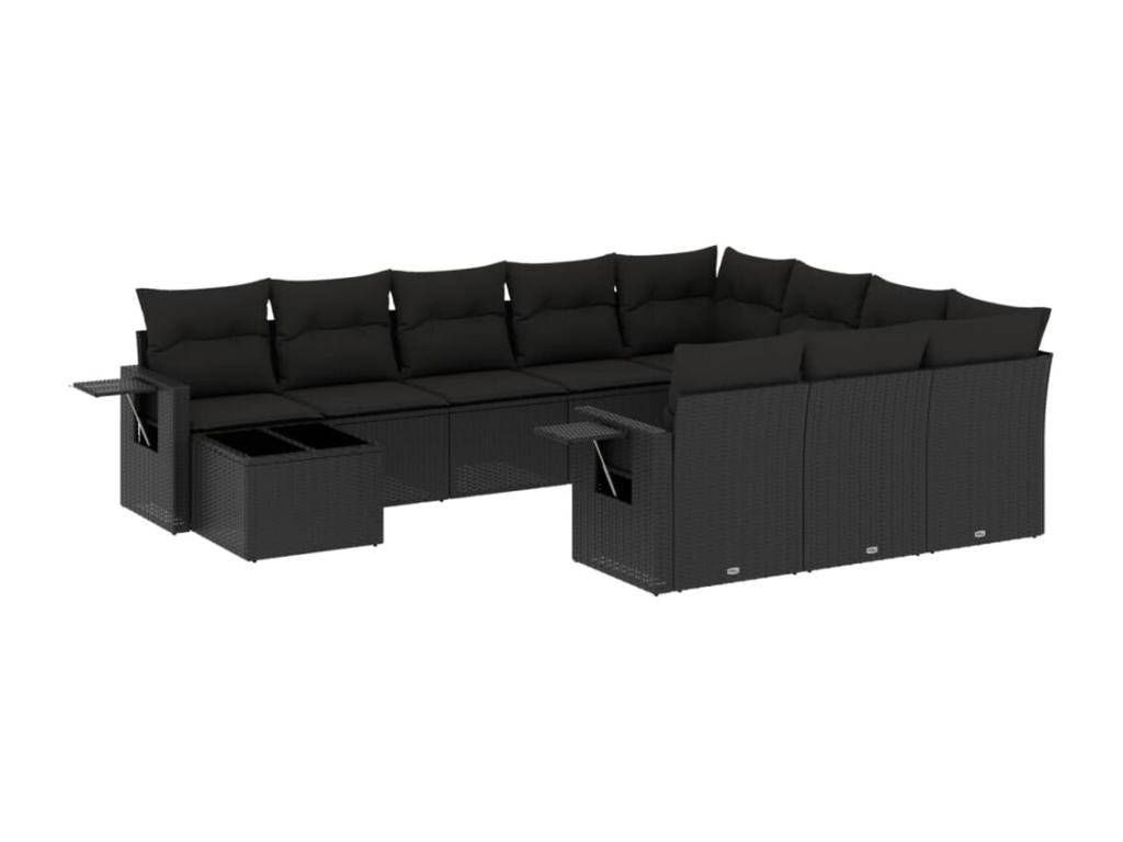 11-piece garden furniture set with cushions, black woven resin JJAI77877