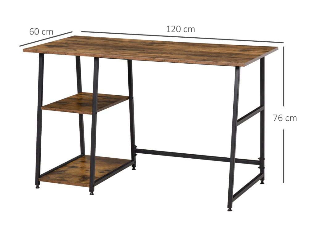 Industrial design computer desk with 2 shelves, particleboard with aged wood effect, black steel ABLU53696