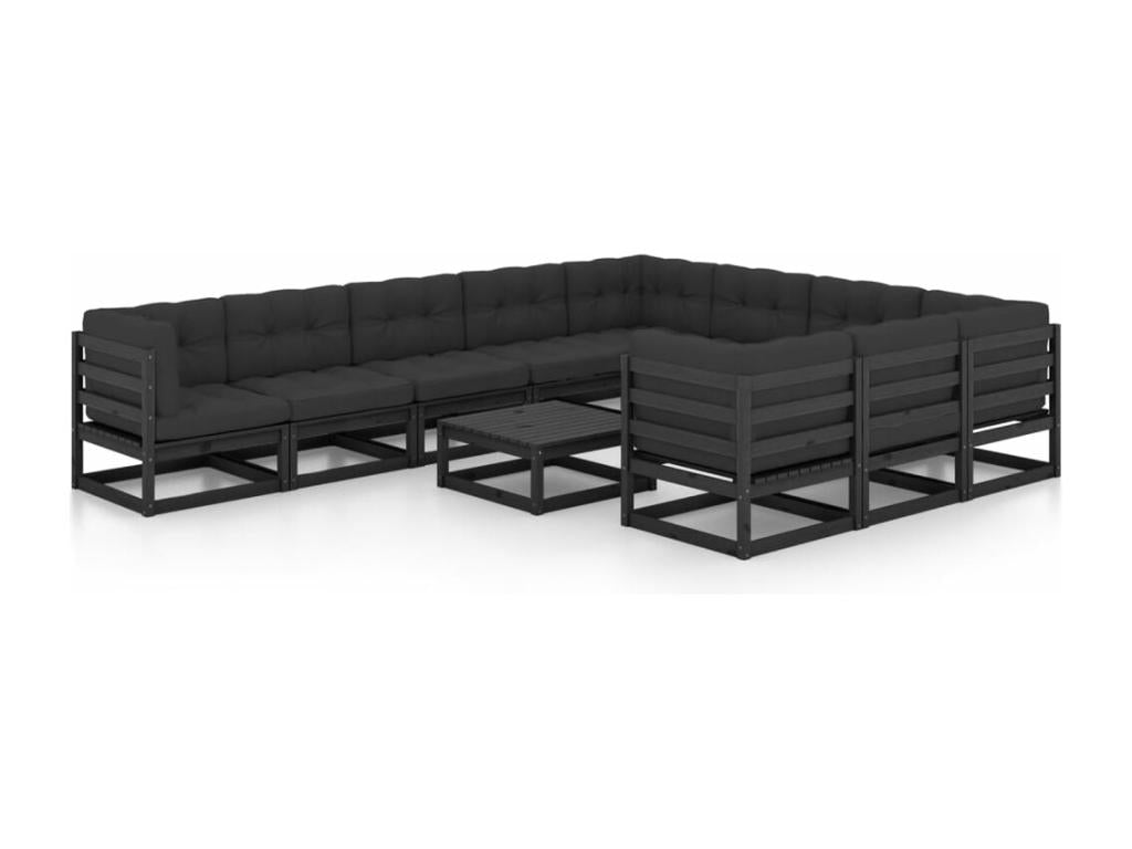 11-piece garden furniture set with cushions, black, solid pine wood EWEW69773