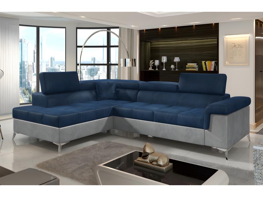 Corner sofa bed - Nobellea - in luxury fabric, 5-seater, BLUE and GREY, left-hand corner (front view) PASB89578