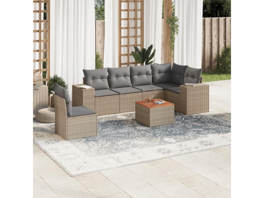 7-piece garden furniture set with cushions, beige woven resin BVOQ89336