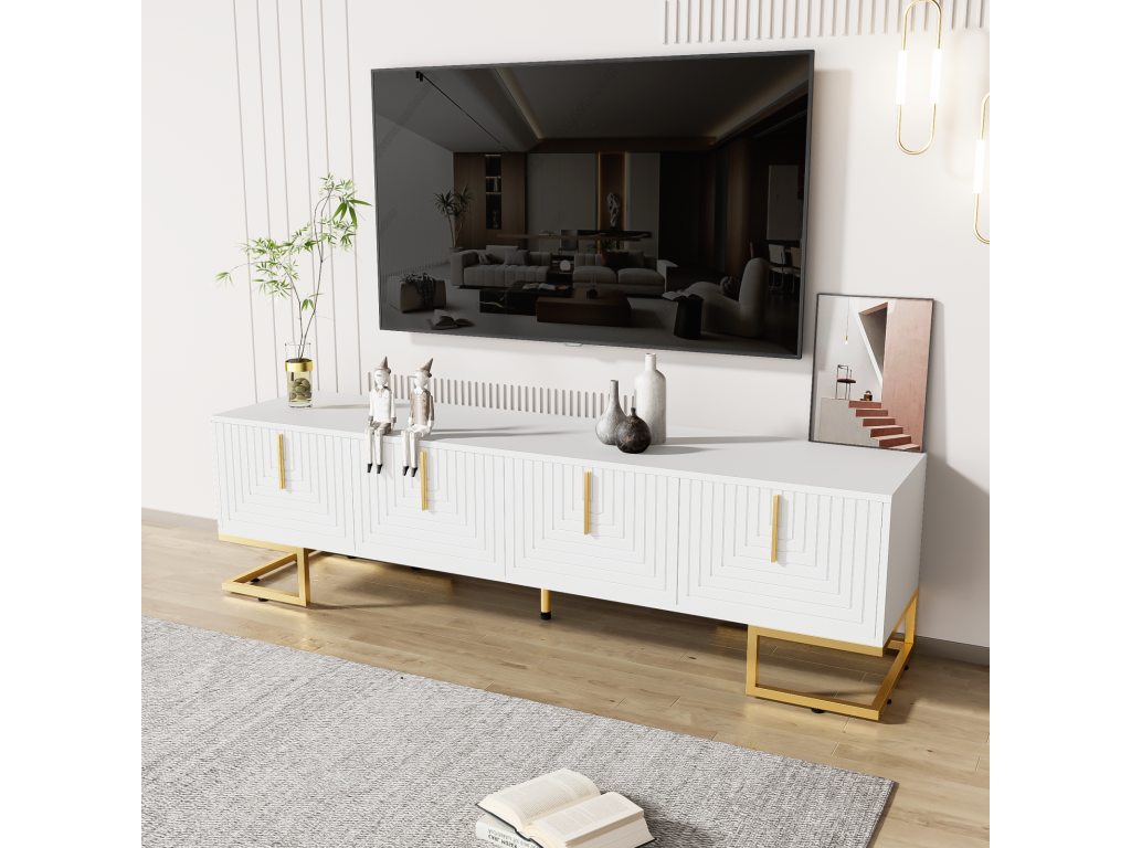 TV unit 170x40x45.5cm with 4 structured doors, gold handles and gold legs in white particleboard ECQD18042