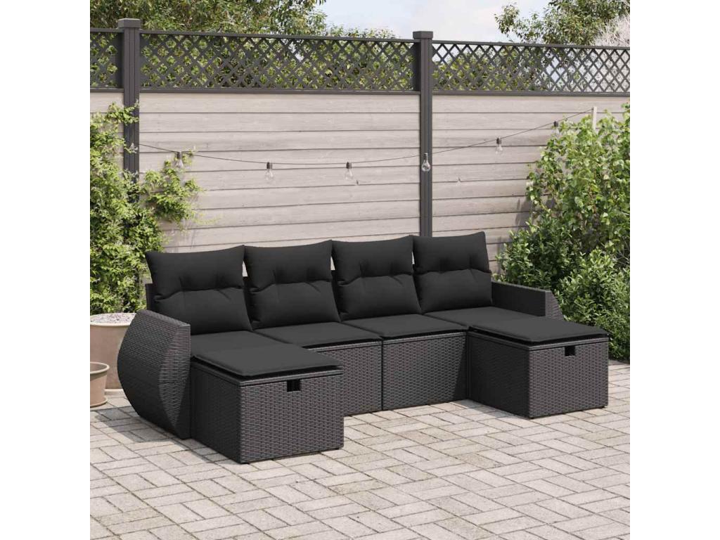 6-piece garden furniture set with cushions, black woven resin OLTS09213