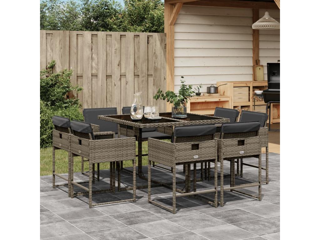 9-piece garden dining set with grey resin wicker cushions WRWG42494
