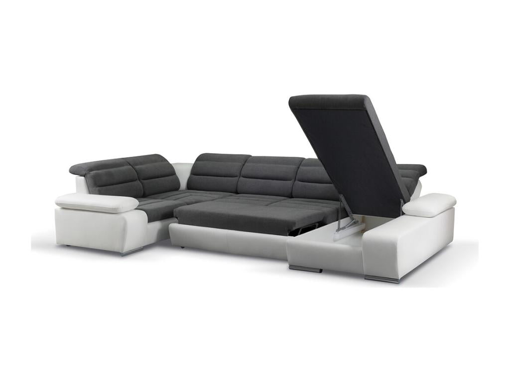 Boisona panoramic corner sofa bed in fabric and faux leather - Two-tone Grey/White - Right-hand corner ICRH60487