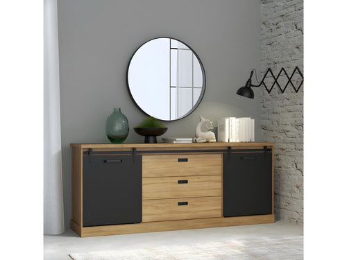Sideboard 214 cm with 2 sliding doors and 3 drawers in black oak finish - FARM QJDD51963